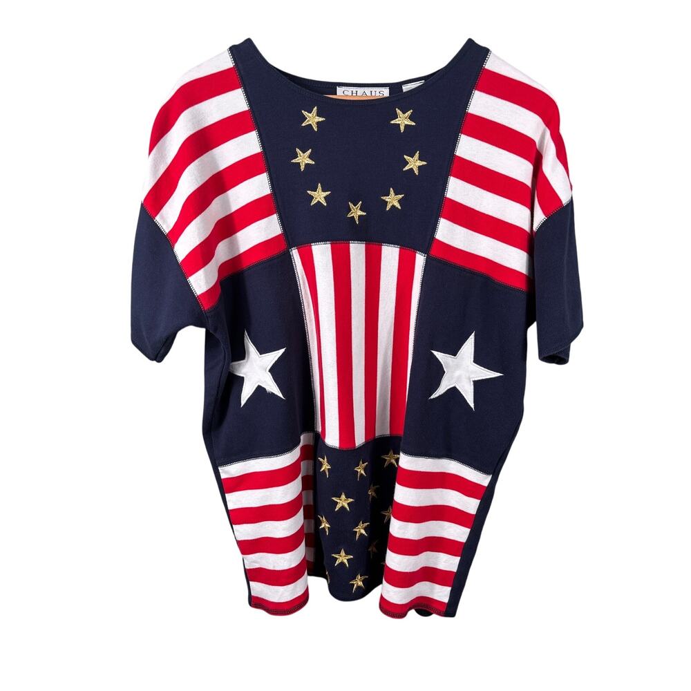 Chaus Sport Shirt Women Size‎ Medium Cotton Colorblock Flag Stars Patriot Casual